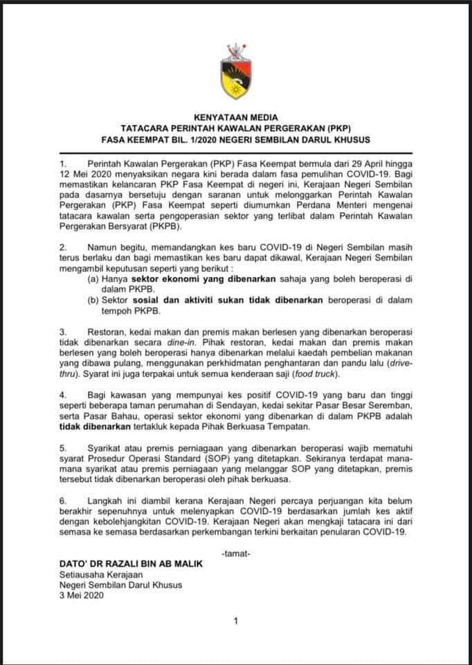 Kenyataan Media Perintah Kawalan Pergerakan Bersyarat Di Negeri Sembilan Portal Rasmi Majlis Daerah Tampin Mdt